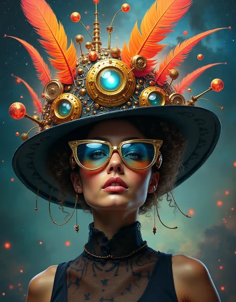 A surreal and avant-garde steampunk-inspired portrait of a stunning modern woman wearing oversized, futuristic glasses and an extravagant, imaginative hat. The hat is an intricate fusion of abstract steampunk elements: floating orbs, vibrant feathers, meta...