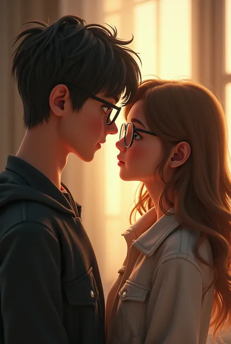 A blonde brown long haired short girl with blue eyes and glasses and a dark brown-haired tall boy with blue eyes and glasses look at each other  