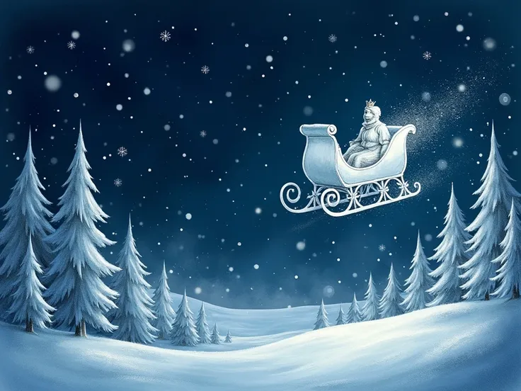 A presentation background for the tale Snow Queen, pencils, dark, fly in sleigh, its snowing, magic, illustration
