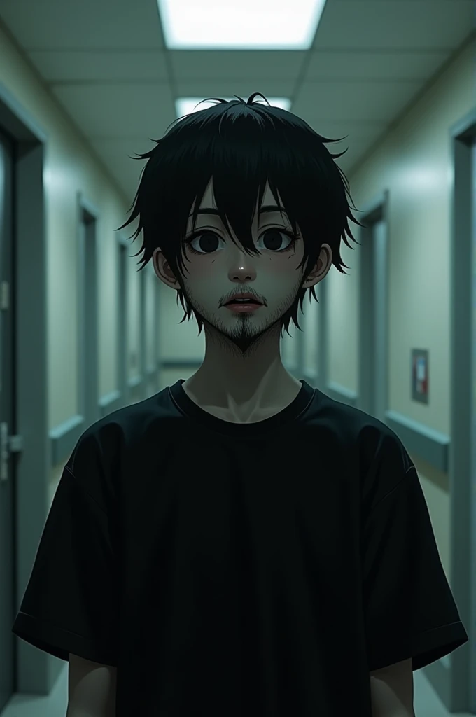  a black-haired psycho,  short hair, black eyes, weak beard, without glasses, Located in a clinic , With black polo shirt, character without glasses,