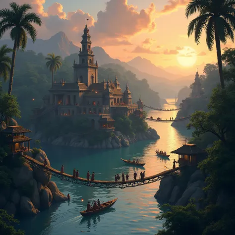  Variant with a city surrounded by islets at dusk
Art ,  digital illustration ,  highly detailed ,  tongue ,  an unrealistic illustration ,  digital painting :  A medieval indigenous city built on islets in the middle of a large tranquil river .  The stone...