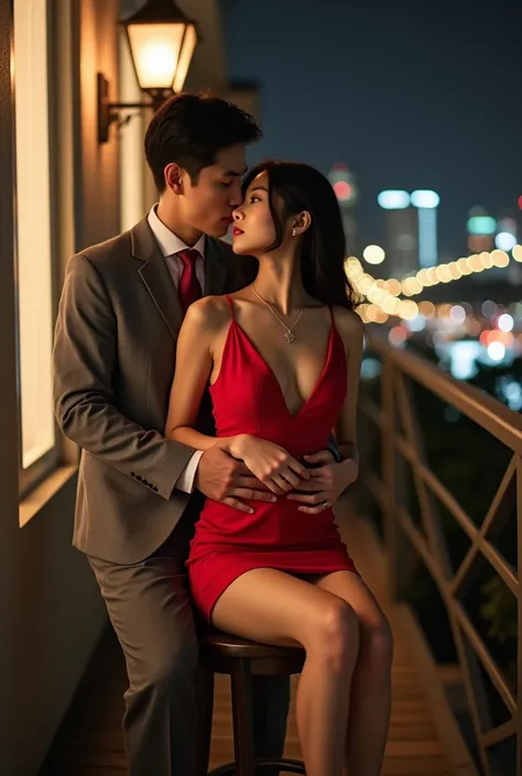  Showing high resolution full HD of a beautiful Korean woman , full posture,  wearing a short trendy red dress , Mini skirt,  necklace accessories , ring and ,  sitting on a chair with a handsome Korean guy with a slightly fat posture wearing a trendy gray...