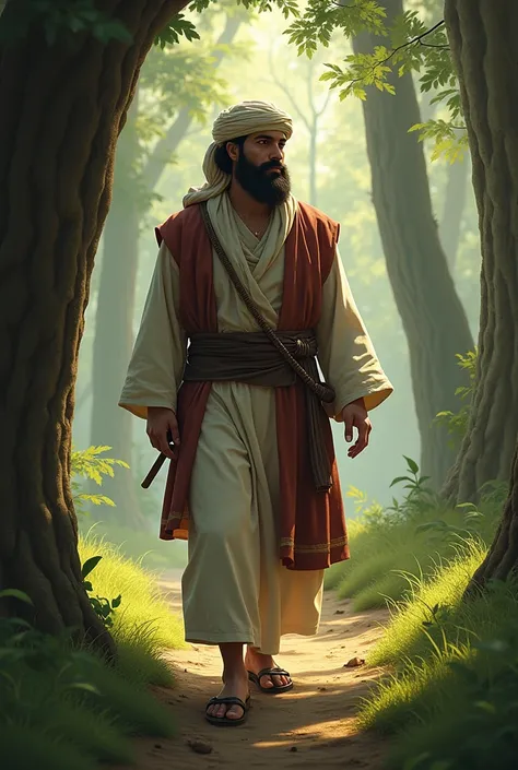 create an Arab character named rizki fauzi, walking in the forest of Lebanon,  