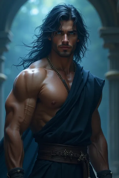  A young and athletic male warrior , with a marked and defined musculature ,  with slightly brown skin . . He has an attractive face with a carefree expression , SAPPHIRE BLUE EYES. Her hair is bluish black , long and smooth,  giving it a wild and enigmati...