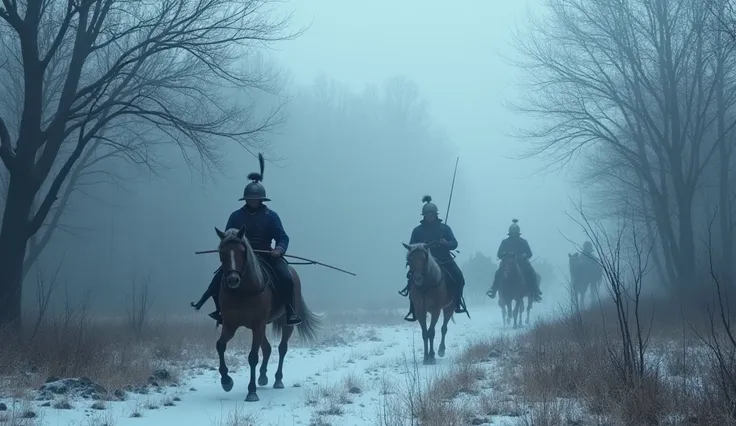  a group of French dragoon soldiers hunting wolves in a wintery, Eerie ,  foggy forest in France , 1764