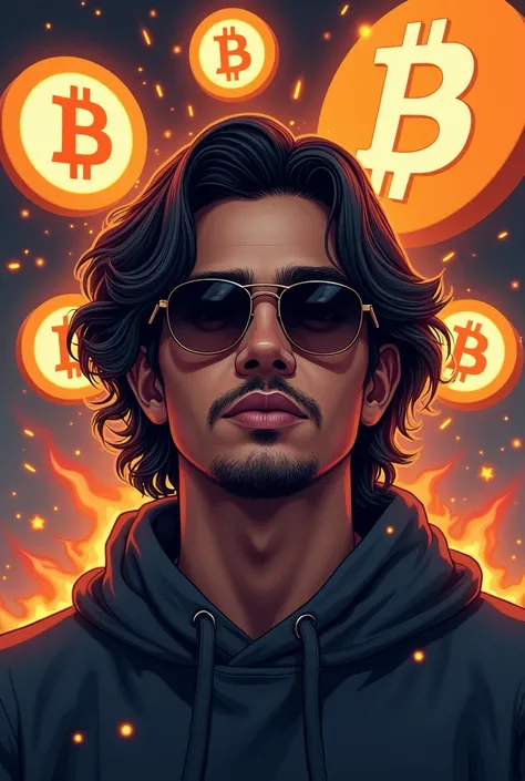 Avatar dun homme indien aux cheveux lisses et mi-longs, avec des lunettes et portant un pull et passionné de crypto monnaie avec des éclairs autour de lui. En arrière plusieurs logo Bitcoin 