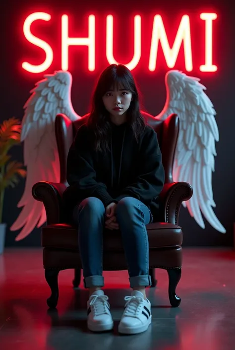 Create a 3D illusion for a profile picture where a 18 Year old girl in a black hoodie Sitting casually on a Wingback Chair. Wearing sneakers, a white, She looks ahead. The background features "Shumi" in big and capital red neon light fonts on the black wal...