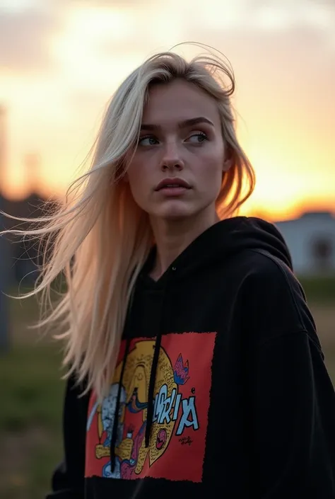 a young woman with long, flowing platinum blonde hair, slightly tousled by the wind. She is wearing a black hoodie with a bold, artistic design on the front. Her expression is thoughtful and introspective, gazing into the distance. The background features ...