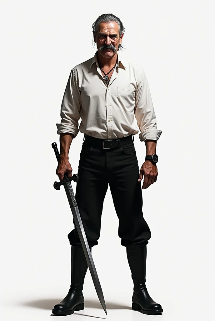 Make a man around 50 years old , gray, big mustache,  scars on her face ,  clear eyes, tall and thin.  Wearing a white shirt and black pants , with black boots.  He is holding a sword and makes an evil face.