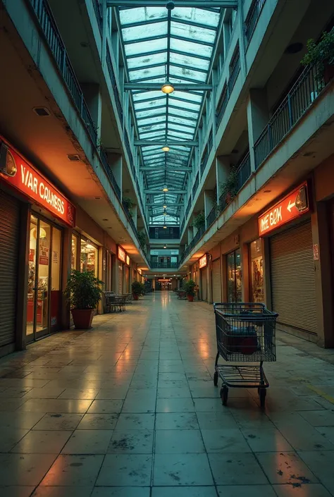 An abandoned shopping mall at dusk, silent and untouched, with a fading orange light filtering through high windows. The aisles are empty, but the faint hum of flickering fluorescent lights fills the air. Some are dim, others buzz intermittently, casting e...