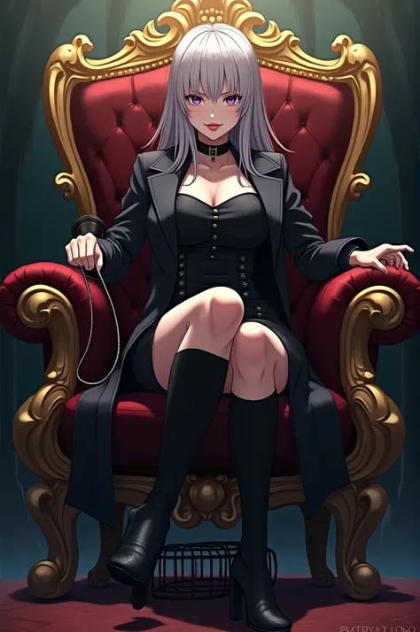 Medium-haired woman with a cold and dominant look with two polka dots next to her left eye wearing a black dress along with a coat and high-heeled boots sitting on a gold-encrusted wooden throne with her feet stepping on a cage and holding a whip in her ha...