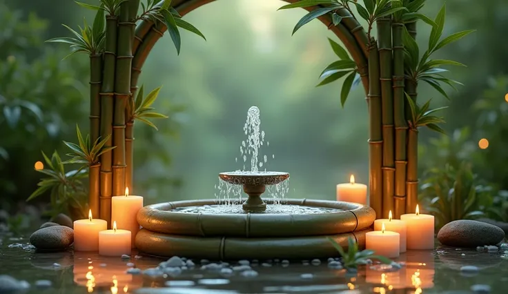 The fountain comes out of unique bamboo with candles beside it with a blurred background