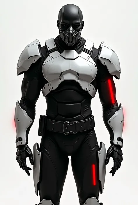 Black tactical suit with white torso and forearm plates,  vertical blood-red lines on the sides of the arms , and that runs from the armpits to the feet , tactical mask that covers the lower half of the face white 