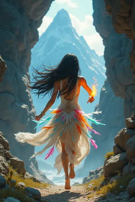  Girl with long black hair ,  dressed in colorful feathers ,  seashell necklace,  barefoot, in her hand torch ,   running between the caves of a mountain 