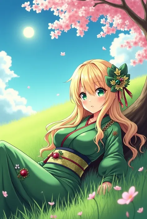  a beautiful woman of 30 years or 27 years of age with anime animation who has somewhat long legs, arms almost as long with beautiful curves that surround her beautiful body , long blond hair ,  bright green eyes , with huge breasts,  Bring a beautiful gre...