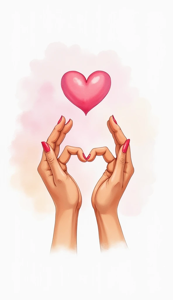 Create a watercolor illustration featuring two hands forming a heart shape, surrounded by a soft pastel background. Above the hands, include a playful, floating pink heart that conveys warmth and affection. Emphasize the tenderness of the gesture through s...