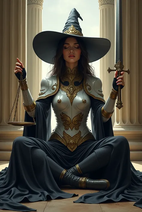 The witch in pointed hat sitting in white and gold armor with closed eyes, scales in one hand, sword in second hand, two columns