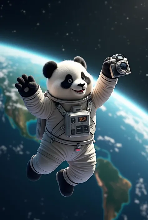 Panda bear astronaut ,  taking a selfie in space behind planet Earth