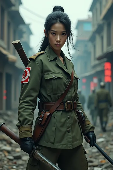  Create in Cinematic a beautiful Korean warrior dressed as a soldier with her sword and a shotgun in her sword, You are in an apostolic city zombies 