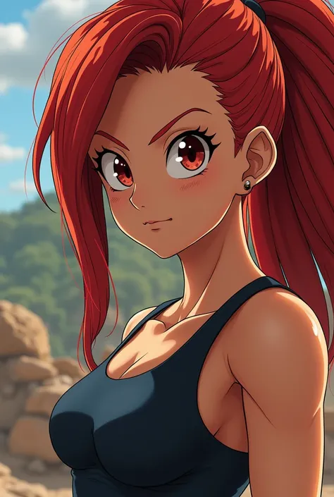  HIGH QUALITY, 8K ultra HD,  a twenty-eight-year-old woman ,  of intense red hair ,  with light brown skin, together with a serious face  ( like a mix between brown and white tea )  with a medium toned body and who is set in "Dragon Ball Super"