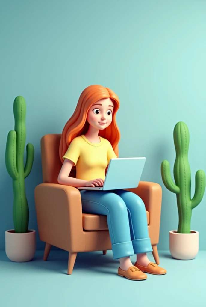 Crée une illustration 3D réaliste et moderne dune jeune fille assise confortablement sur un fauteuil avec un ordinateur portable sur ses genoux. Elle est détendue, concentrée sur son écran, et a un style décontracté. Place à côté delle une grande plante ve...