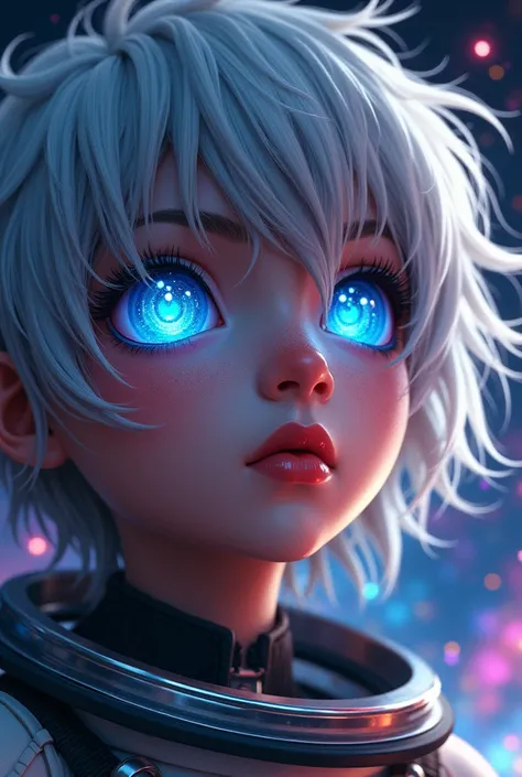 ( Close-up of a better masterpiece :1.5)0.9], (Espace et astronautes :1.2) (Messy silver hair :1.1) (Xanthochromic heterochromia and blue eyes :1.2) (Casque spatial :1.0) (Étoiles colorées dans les yeux :1.0) (Un éclat rayonnant :1.1) ( thick lips  :0.9)