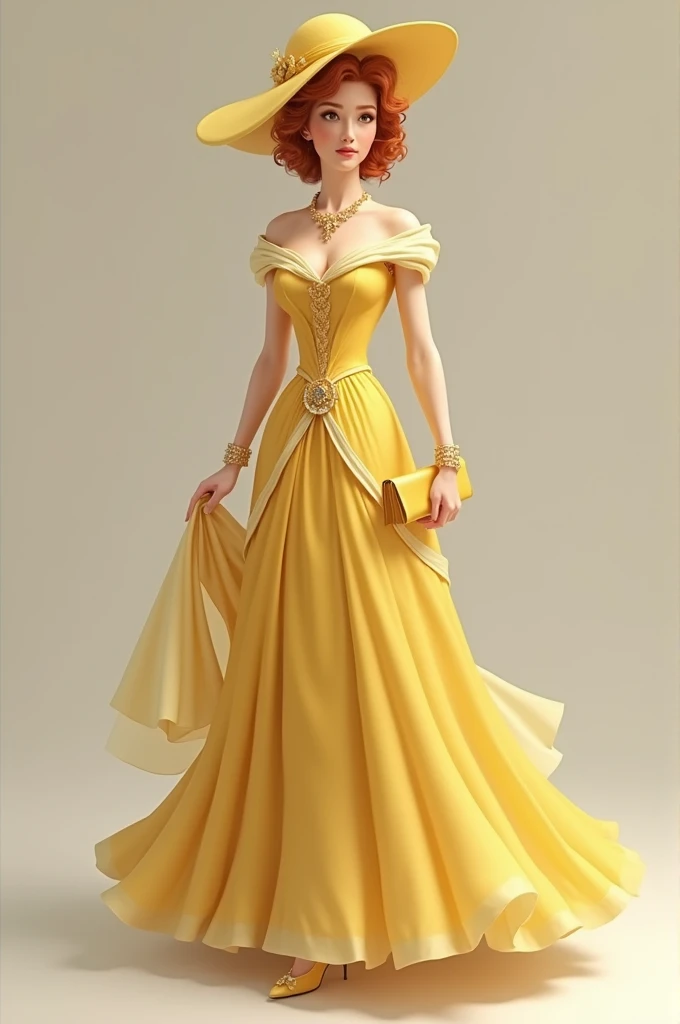 Elegant lady wearing long elegant dress in light yellow and wearing elegant had in light yellow she wearing also a light yellow color high heels and a small purse , thats lady has reddish hair (she is a european royal dress like acording to that )