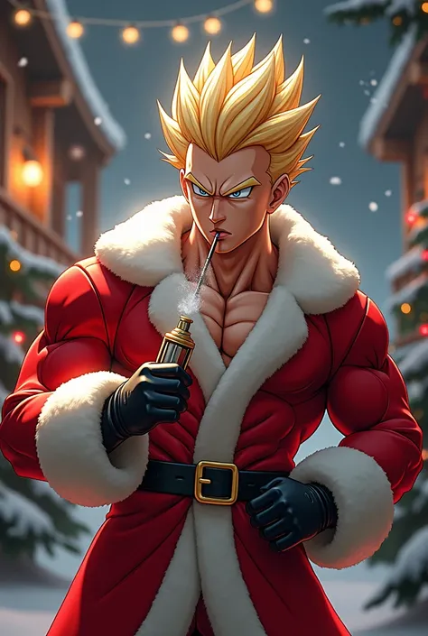 Generate an image of Santa Claus smoking a vape, But may the saint not be so old and more handsome,like Saiyan , but keeping the realistic and Christmas style