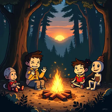 A fire is burning around the forest Well, Sans frisk papyrus and all the other characters from undertale are sitting in the campfire at sunset