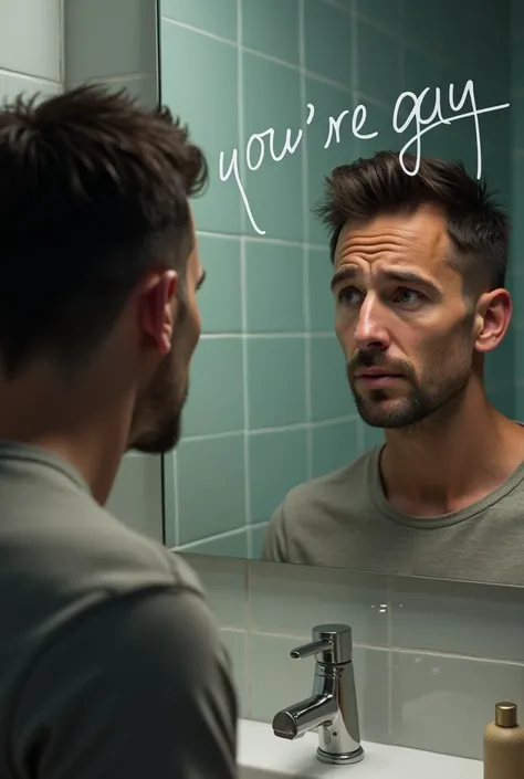 A photorealistic picture of a man looking at himself on the mirror and the mirror says  youre gay