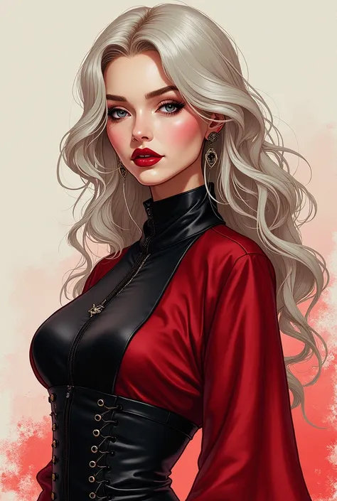 Inspired by Hirohiko Araki,  A woman  , elegant and modern,inspired by medieval gothic clothing , dark red clothing ,  full body ,  ( red lips), light colored hair ,  character design ,High quality color sketches, color screen tone, manga,  particles of li...