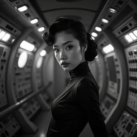 black and white close up cinematic photograph of a beautiful Chinese woman, Jean Arthur style hair, sexy and sculpted body, beautiful breasts, wearing a tight jumpsuit, standing in the control room of a retro 1930s style spaceship, panels with buttons on t...