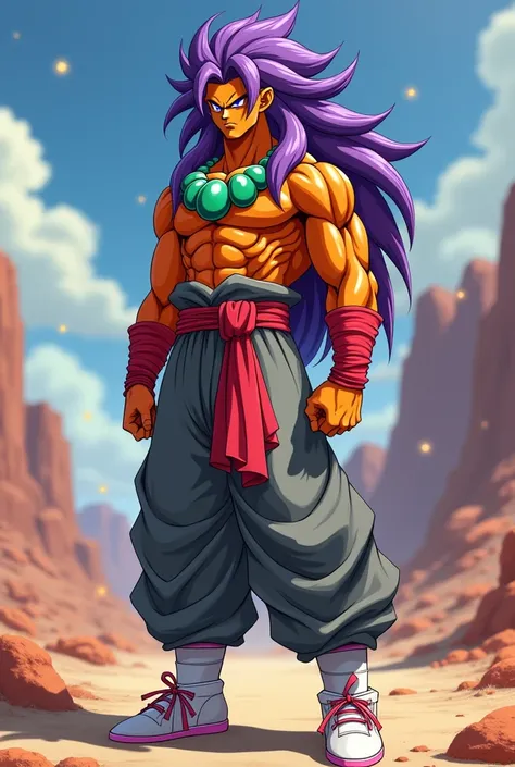 Male, Dragon Ball Z type character, Orange Skin, long purple hair,red bracelets,big green necklace,grey pants, white shoes with pink