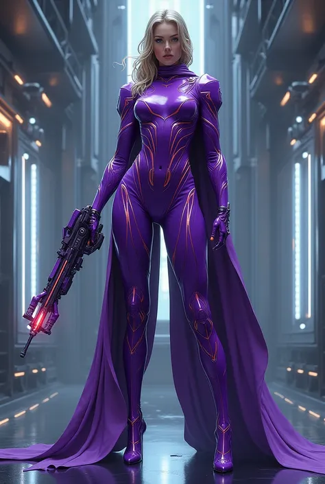 Create heroine model woman feature imposing purple costume futuristic setting uses a gun