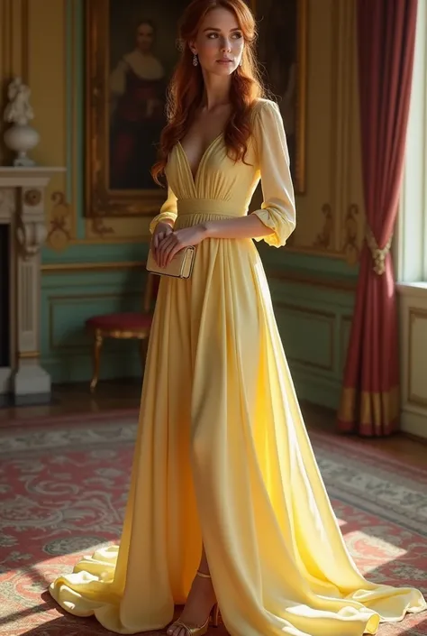 Elegant lady wearing  elegant dress in light yellow and wearing elegant had in light yellow she wearing also a light yellow color high heels and a small purse , thats lady has reddish hair (she is a european royal dress like acording to that ) make it real...