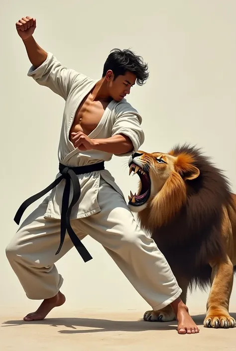 taekwondo master doing a twin forearm block, one arm above his head and the other a semi extended at chest height, the hands are opening a lions mouth, the lions should be to the side of the master