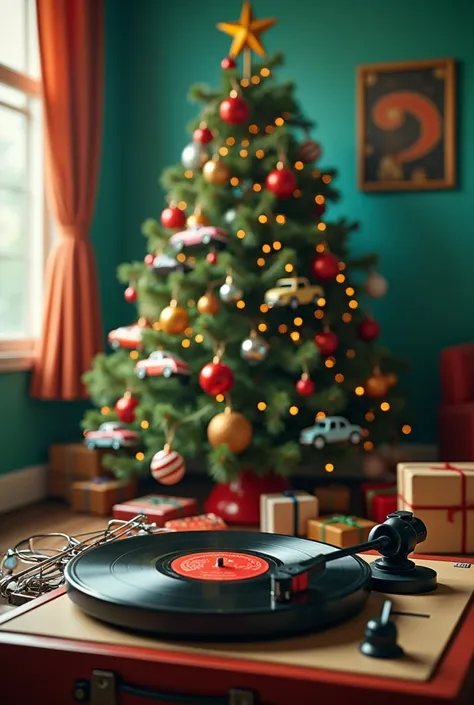 À front sight of a Record player with vinyl record and a cover of a record album.  In the background a Christmas tree decorated with porsche cars, Christmas lights, mountain-bike, golfsticks and basketballs



