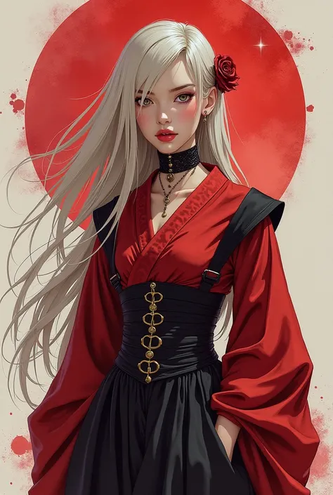 Inspired by Hirohiko Araki, a young woman , detail in clothing medieval gothic clothing, modern style clothing streetwear Japan ,  dark red clothing ,  full body ,  ( red lips), light colored hair ,  character design ,High quality color sketches, color scr...