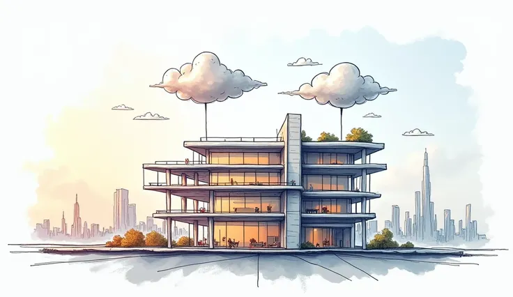 Simple scribble of a modern office building as the House of Growth. The building should feature a cross-section of two floors and a rooftop each representing a different mission. Each floor will have its own unique mission described in a modern, minimalist...