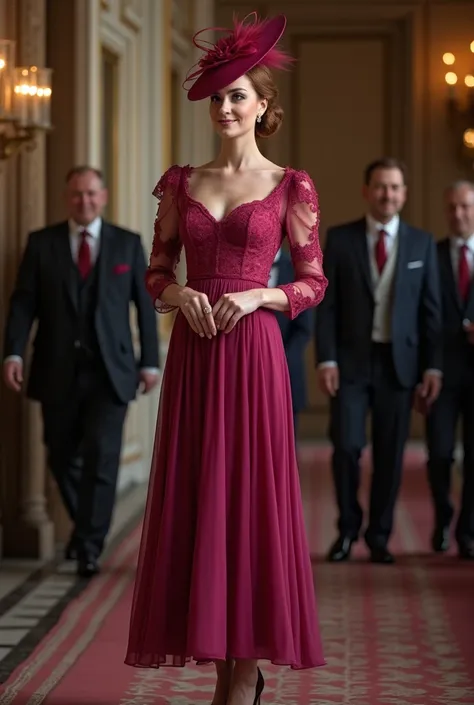 Elegant lady wearing  elegant mid short dress in dark pink and wearing elegant had in dark pink she wearing also a dark pink color high heels and a small purse , thats lady has reddish hair (she is a european royal dress like acording to that ) make it rea...