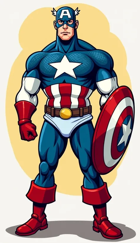 ([ captain america ] standing with a shield ,  womens white briefs are stretched on the shield - in cartoon style)
