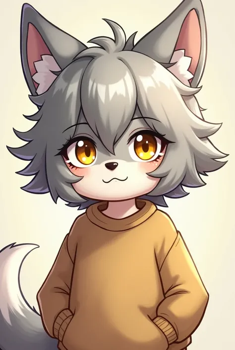 Beautyfull Antrophomorphic boy GRAY WOLF, with jellow eyes, in cartoon and anime graphic with a sweatshirt