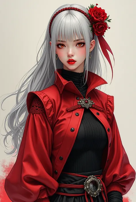 Inspired by Hirohiko Araki, a young woman , detail in clothing medieval gothic clothing, modern style clothing streetwear Japan ,  dark red clothing ,  full body ,  ( red lips), light colored hair ,  character design ,High quality color sketches, color scr...