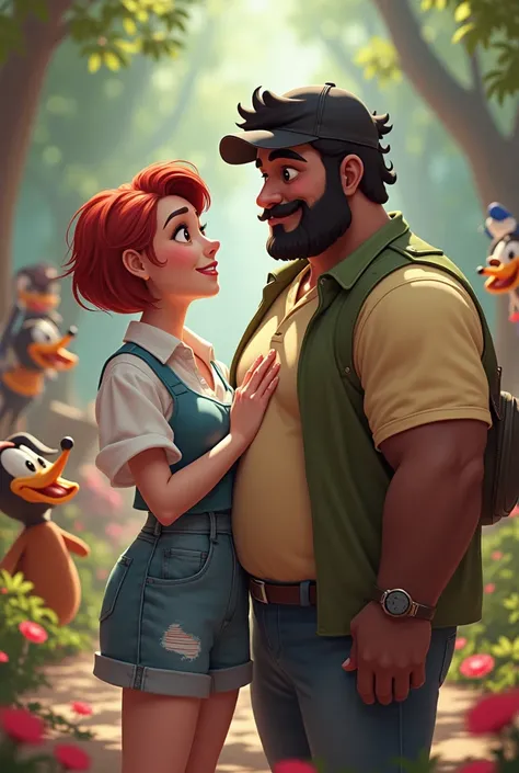 The woman with short reddish hair with white skin brown eyes and slightly wide lips and the man with brown skin with black hair and wide eyebrows is a little fat and a black cap I want them with Disney characters 