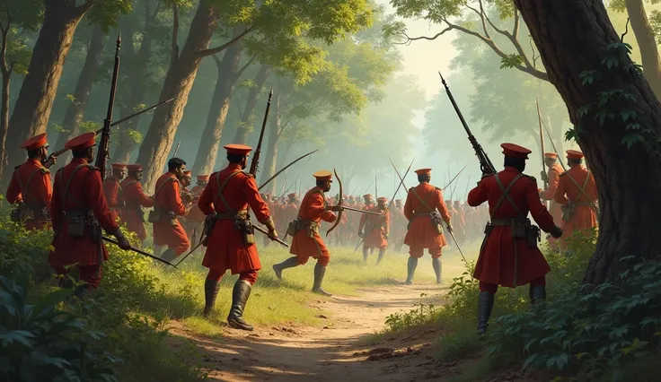 A 2d animated detailed brush stroke outlined smooth oil painting- A dynamic guerrilla warfare scene between Indian tribals and British officers. The tribals, hidden in the dense jungle, launch a surprise attack. Some crouch behind trees, aiming bows or pre...