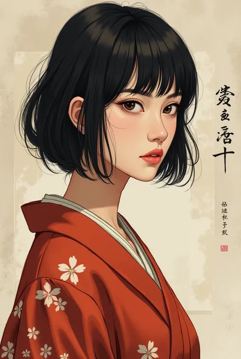 Create a 45-year-old woman, with bangs, Medium length hair)  in a serious face, Old Japanese art style (muscular)