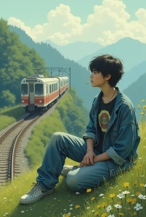 Create a scenic view of a teenage boy sitting smoking next to a train on a high grassy hill in 90s Japan