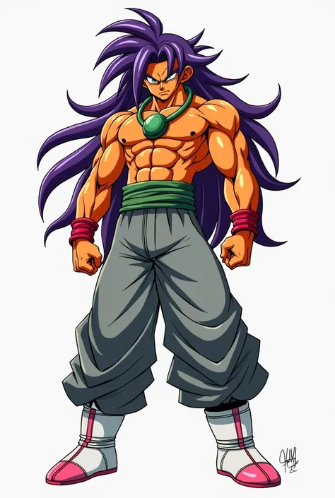 Male, Dragon Ball Z type character, 2D Orange Skin, long purple hair,red bracelets,big green necklace,grey pants, white shoes with pink

