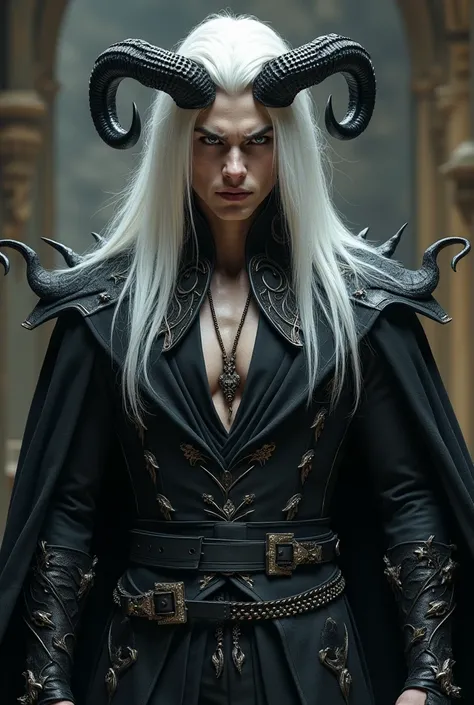 A male, half-demon human creature with great beauty and unparalleled appeal.,  with eyes of hate and a beautiful body and long straight platinum hair ,  noble clothing in black and silver color that looks full bodied, with black horns and some features of ...