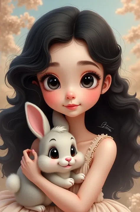 I need a  girl with curlers ,  long black hair
The girls skin must be very white skin ,  her eyes are very black and shiny 
Also that she has a dazzling smile and has to have a lot of cheeks and next to her a cute little bunny 
Make the image as if they we...